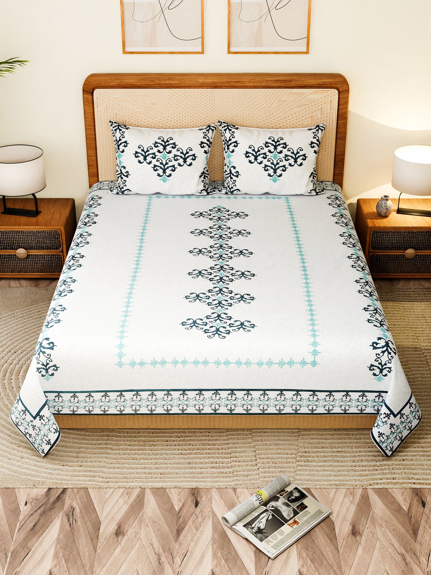 SLUMBERA COTTON PRINTED DOUBLE BEDSHEET WITH PILLOW