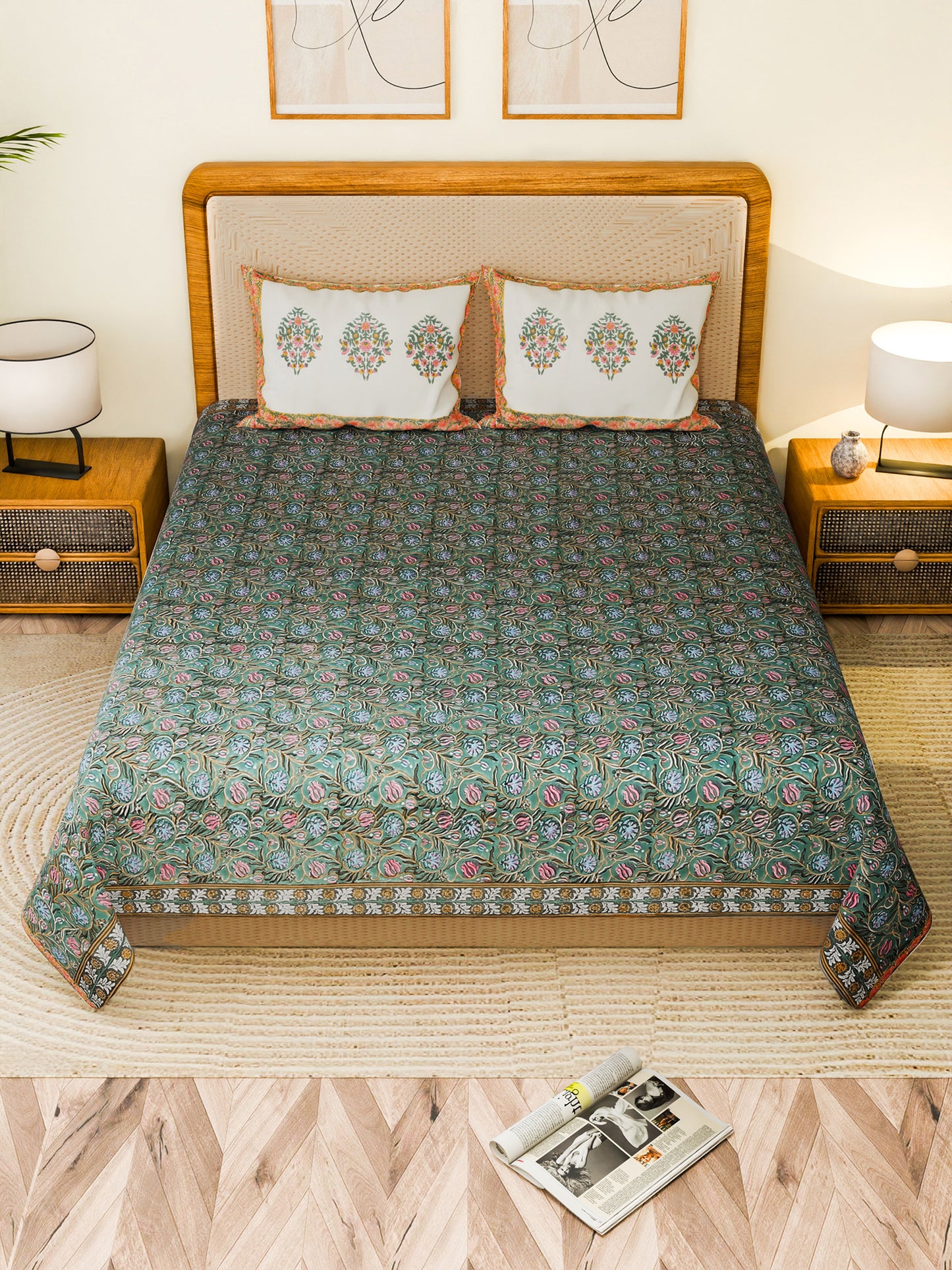 SERENEVE COTTON PRINTED DOUBLE BEDSHEET WITH PILLOW