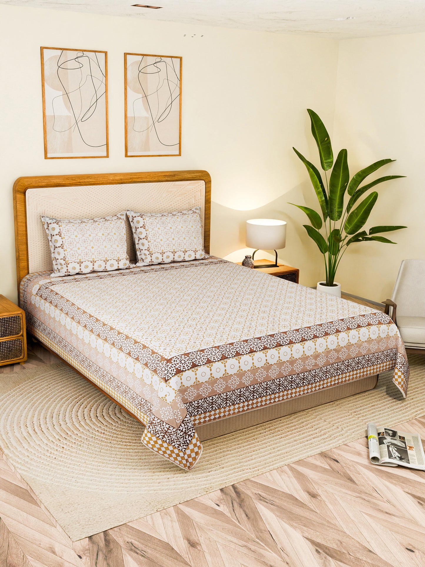 RESTIQUE COTTON PRINTED DOUBLE BEDSHEET WITH PILLOW