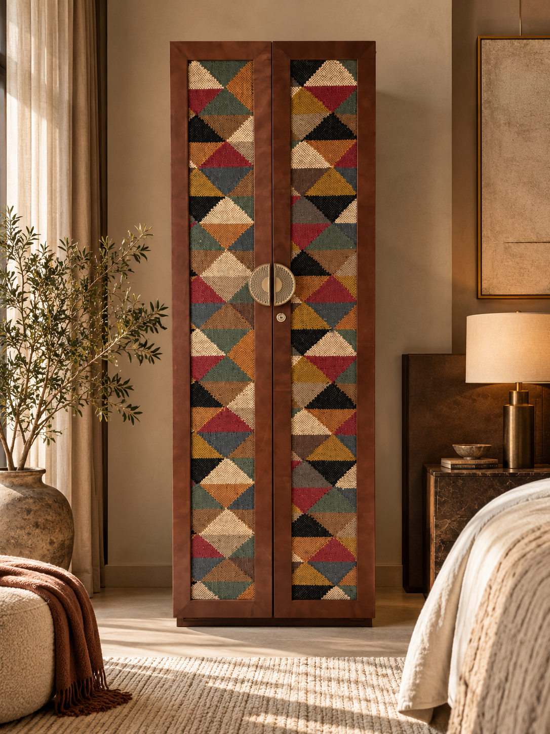 Chanderi Kilim & Leather Wardrobe by Art Avenue — front view of the two leather-framed kilim doors with half-moon brass pulls and key lock. Handmade to order.