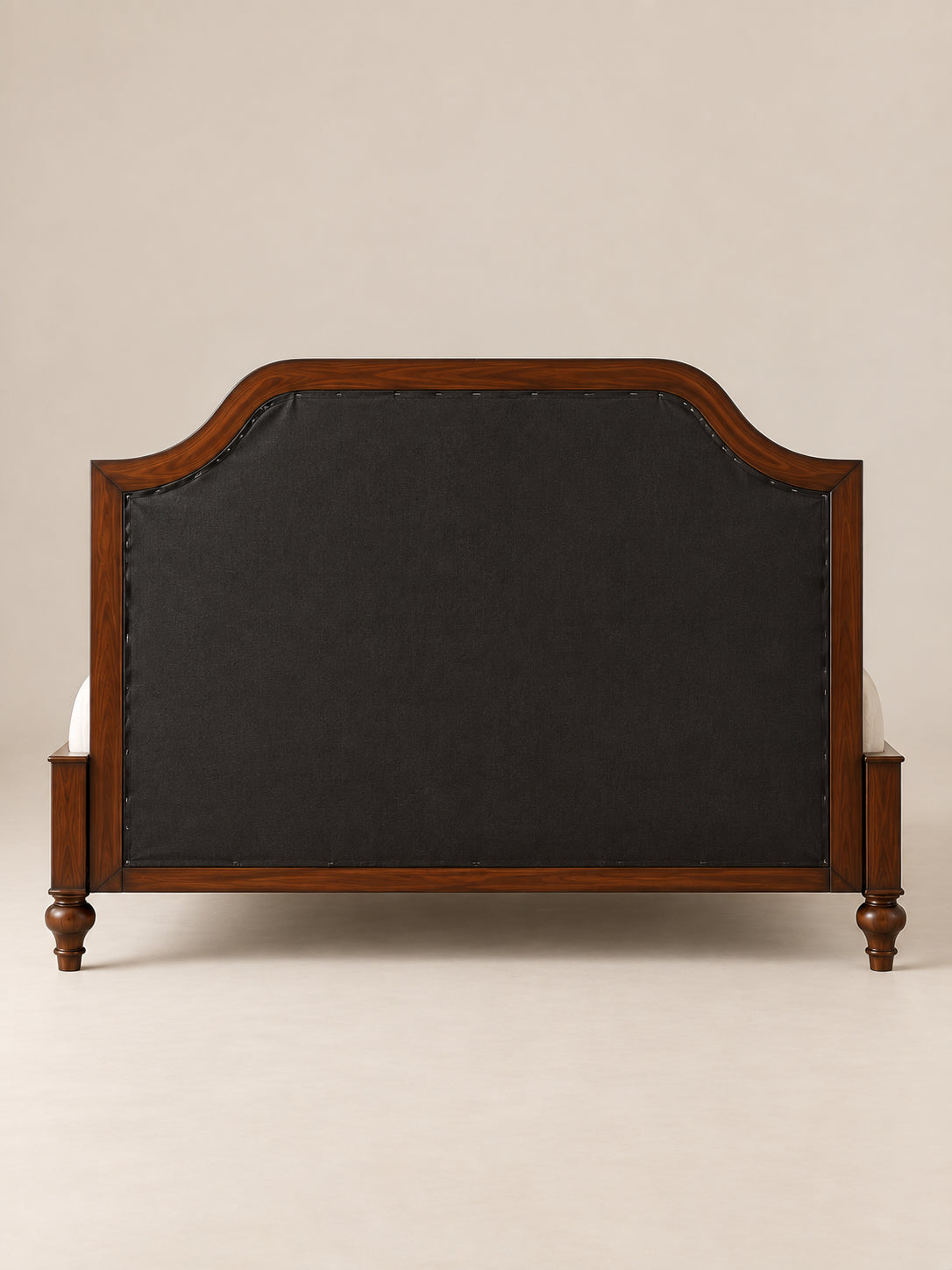 Back of the Darjeeling upholstered headboard — Walnut frame closed with a neat dust cloth, made to stand against a wall. Art Avenue, made to order.