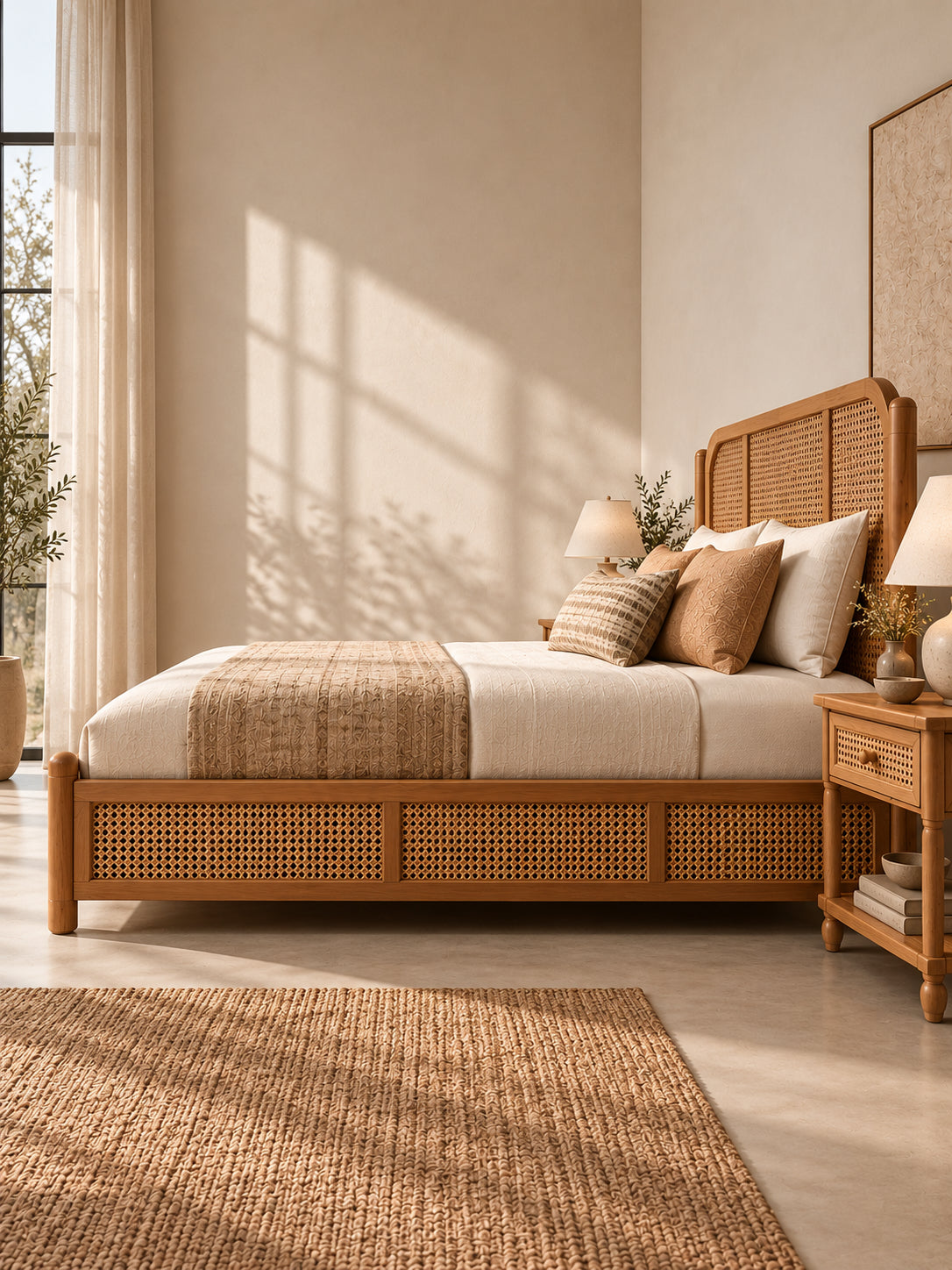 Ziro Rattan Bed without storage — three hand-woven cane panels along the side rail, cane headboard between turned posts, beside a matching Ziro bedside table. Art Avenue, made to order.