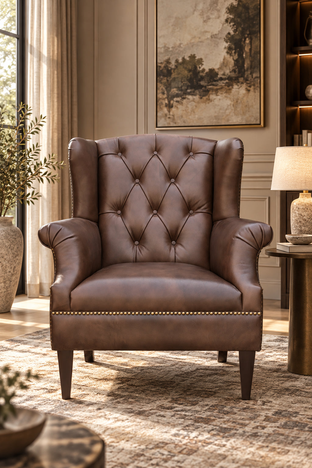 Deep-buttoned diamond back and rolled scroll arms on the Kasauli leather wing chair, front view, Art Avenue made-to-order seating