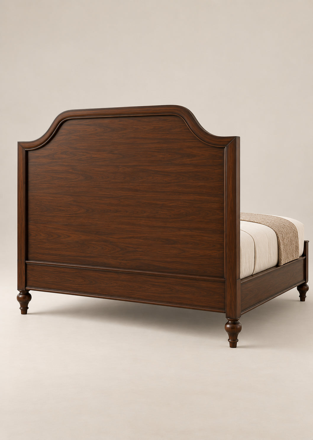Back of the Darjeeling wood panel headboard — arched, framed and finished in Walnut to stand away from the wall. Art Avenue, made to order.