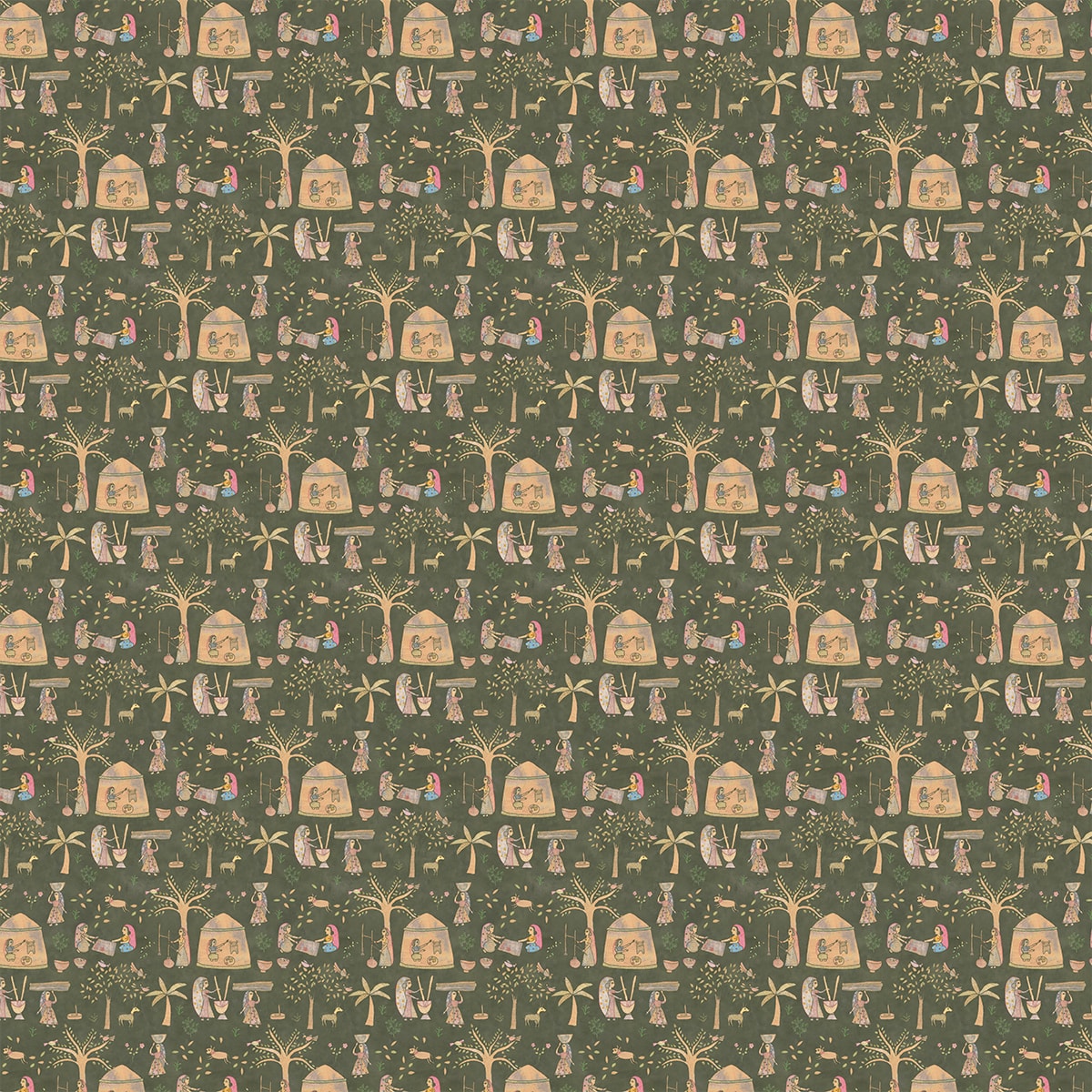 Mithila, Sujani Art Wallpaper, Deep Green
