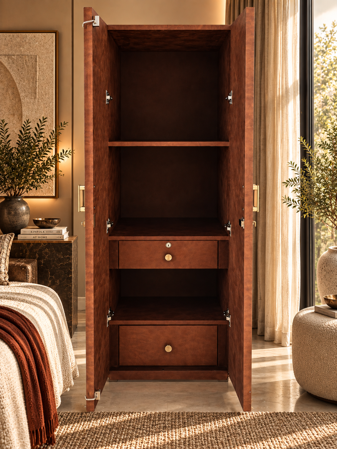 Chanderi Kilim & Leather Wardrobe by Art Avenue — interior with drawers closed: shelves, locking drawer, open cubby and deep base drawer. Handmade to order.