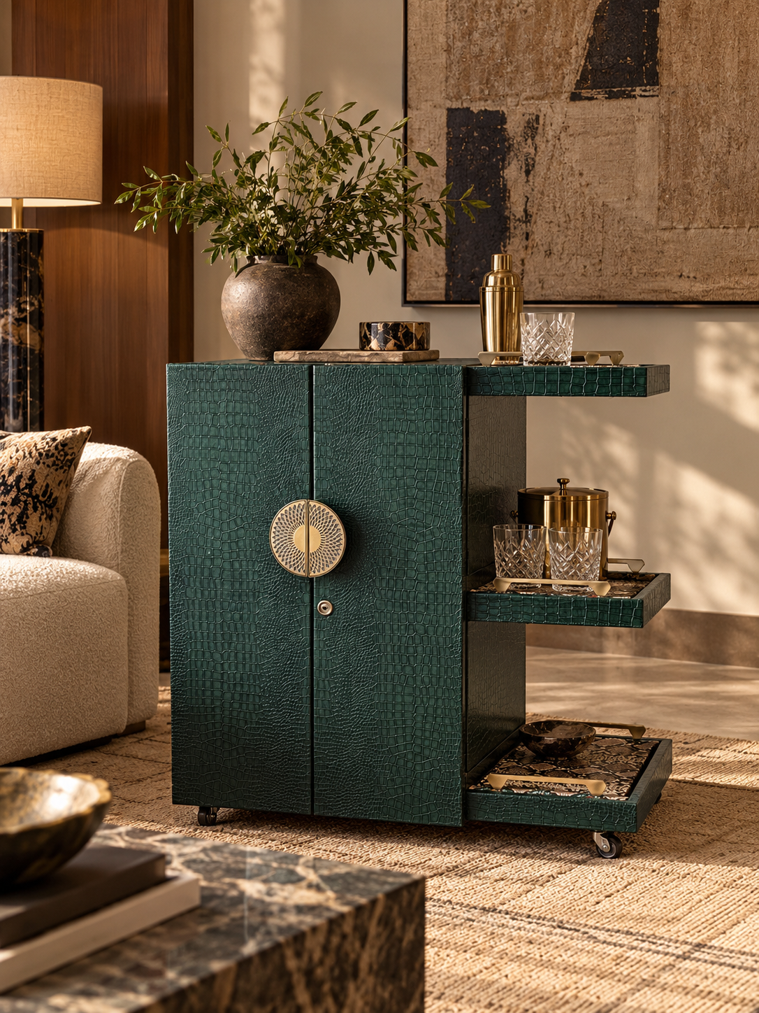 Panjim Leather Rolling Bar Cabinet in sunlit living room, brass cocktail shaker and cut-crystal glasses on its tiered python-print leather trays — Art Avenue, made to order