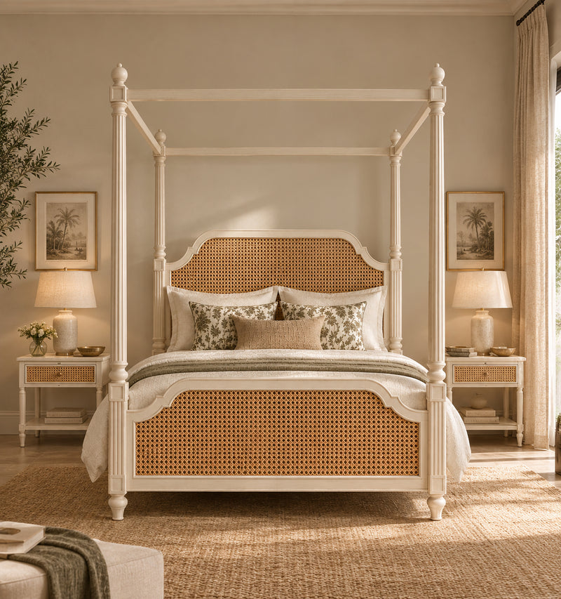 Coonoor Cane Four-Poster Bed in ivory with hand-woven cane headboard and footboard, styled front-on between matching cane bedside tables and lamps on a jute rug — Art Avenue, made to order