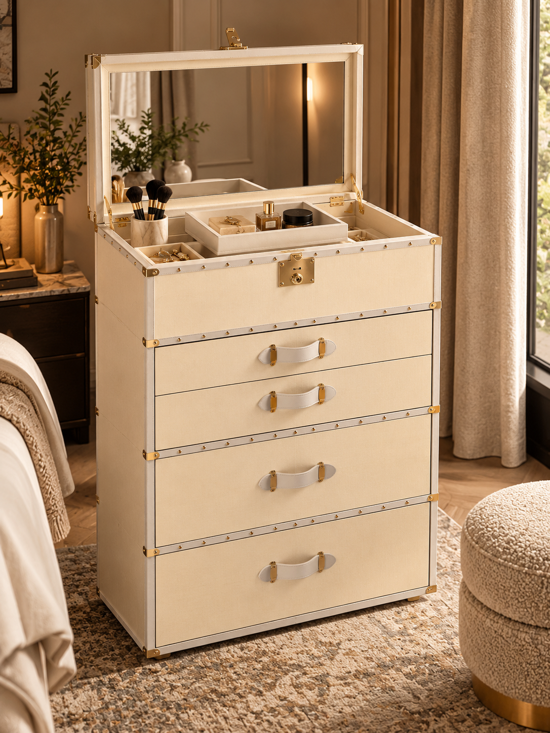 Ivory vanity chest open at an angle, bevelled mirror set into the lid above lined jewellery compartments