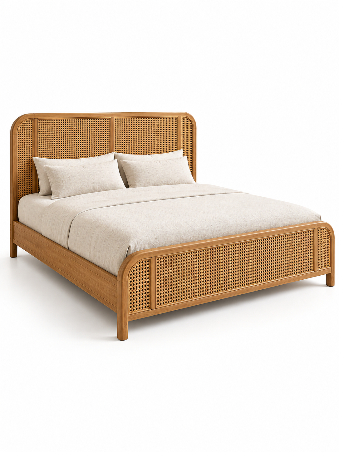 Majuli Rattan Bed, front three-quarter view — two broad cane panels flanked by narrow panels at the rounded shoulders, matching low footboard, solid wood frame. Art Avenue, made to order.