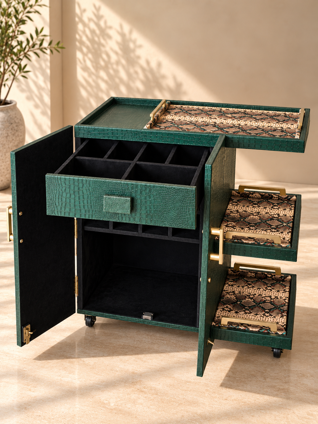 Panjim Leather Rolling Bar Cabinet