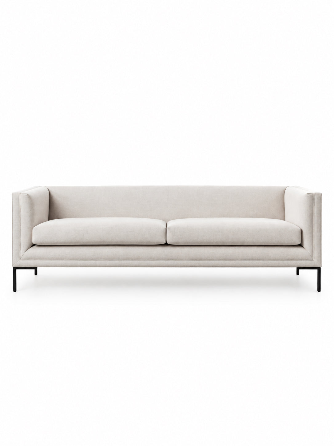 Mayfair Fabric Tuxedo Sofa, alternate view of the tight back and double-welt piping in linen or velvet. Art Avenue, made to order.