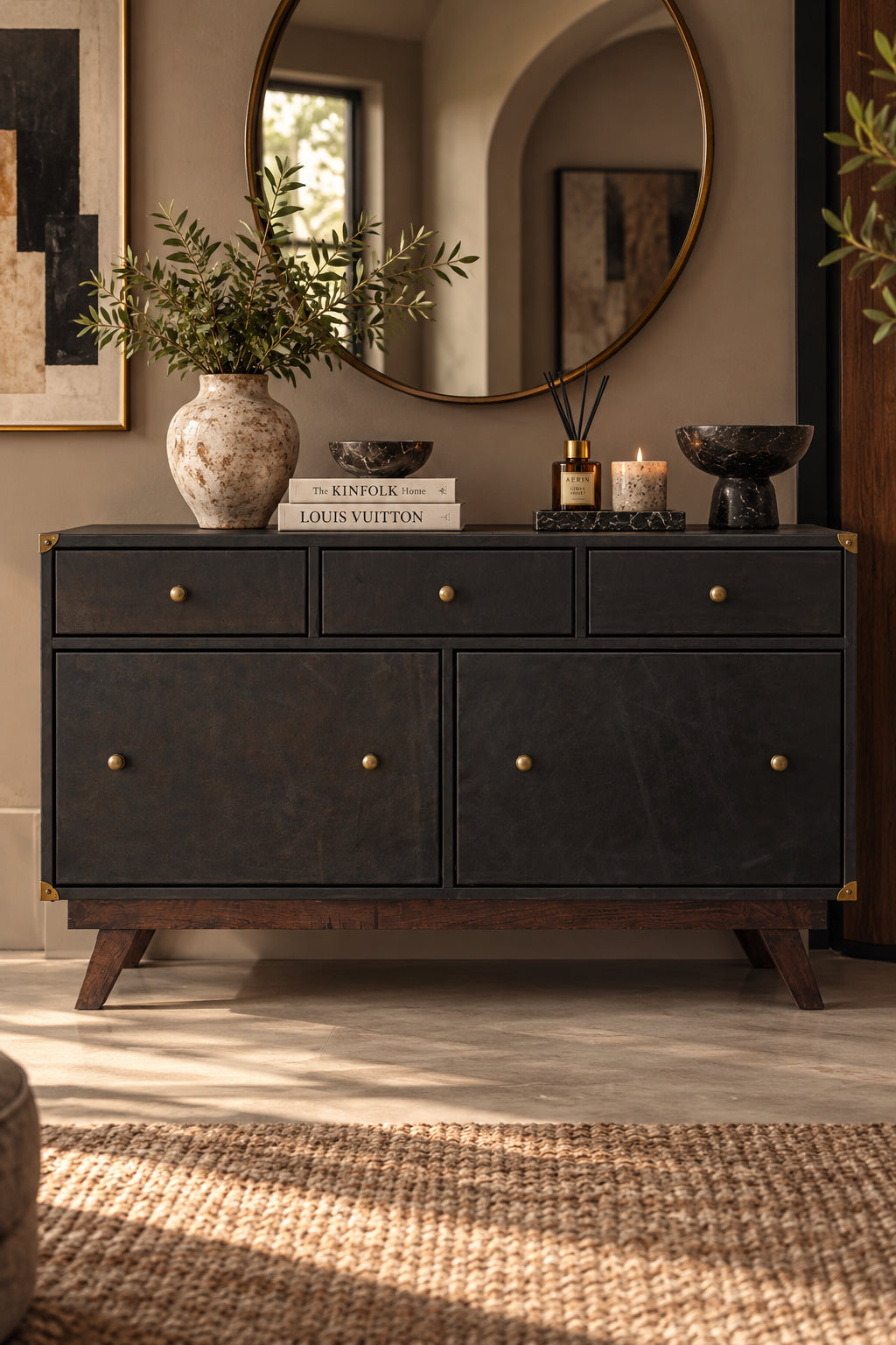 Sardargarh leather sideboard with three shallow drawers over two deep drawers and knurled brass knobs, front elevation, Art Avenue made-to-order storage