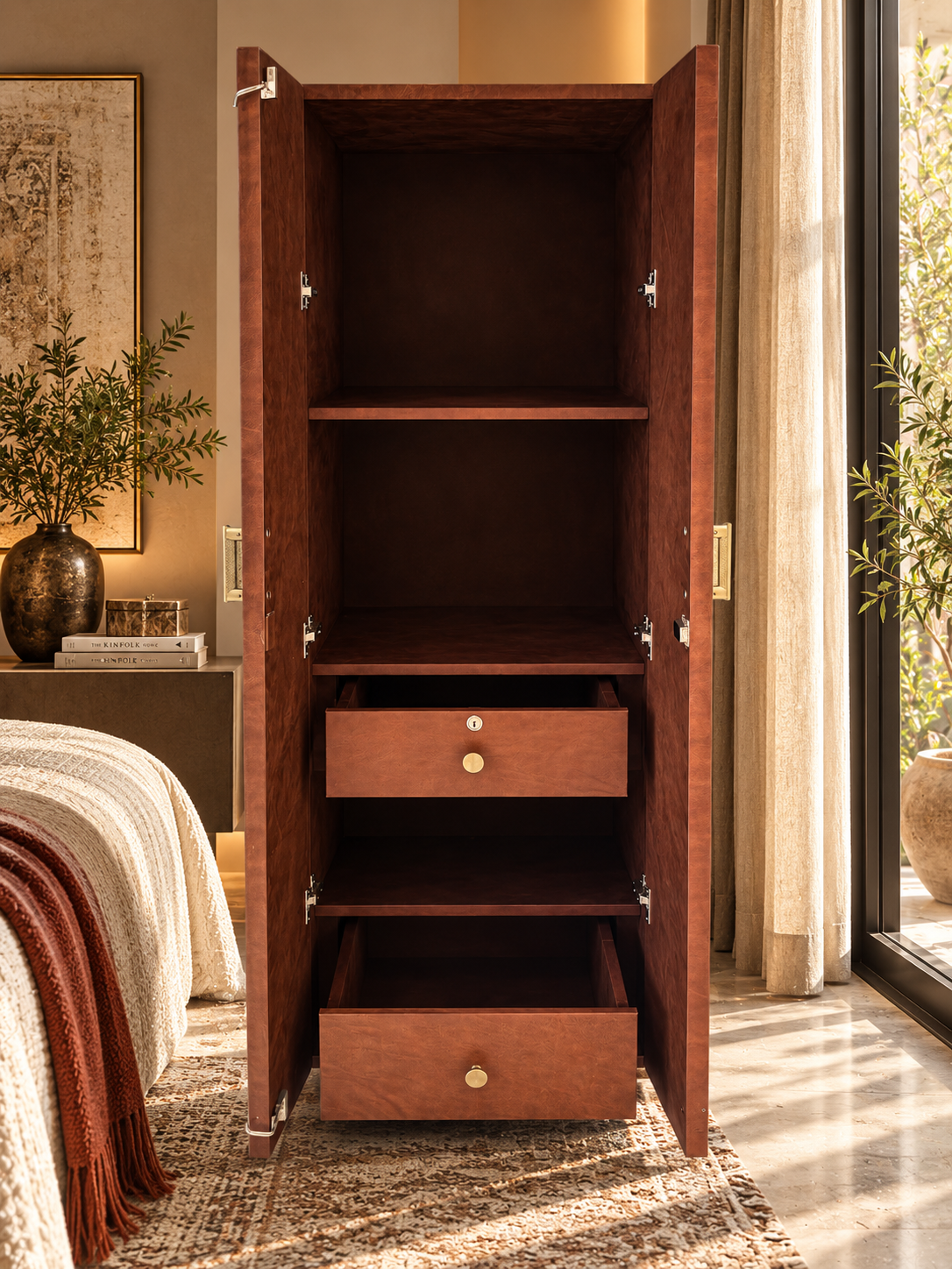 Chanderi Kilim & Leather Wardrobe by Art Avenue — doors open showing two shelved compartments, the locking drawer and the deep base drawer pulled out. Handmade to order.
