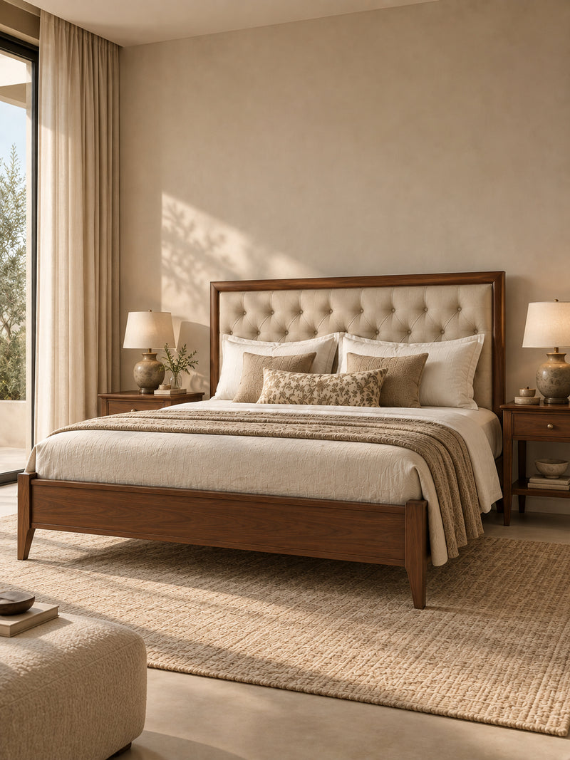Landour Tufted Upholstered Bed in Oat linen and Walnut in a sunlit bedroom — deep-buttoned headboard in a solid wood frame, flanked by matching bedside tables. Art Avenue, made to order.