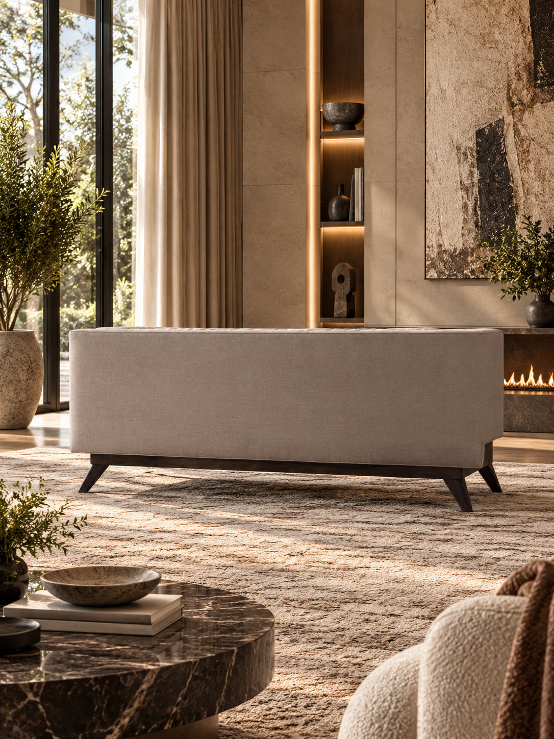 Kingston buttoned fabric sofa by Art Avenue — made to order in linen-cotton or velvet across twenty-seven colours, on a solid wood plinth with legs raked front and rear — image five of five