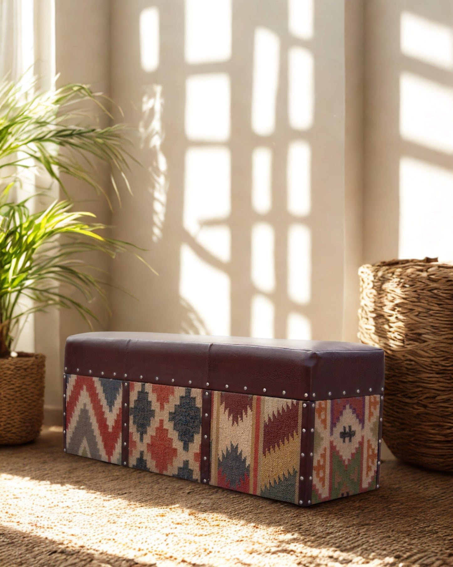 EIFFEL TRUNK OTTOMAN IN KILIM AND LEATHER
