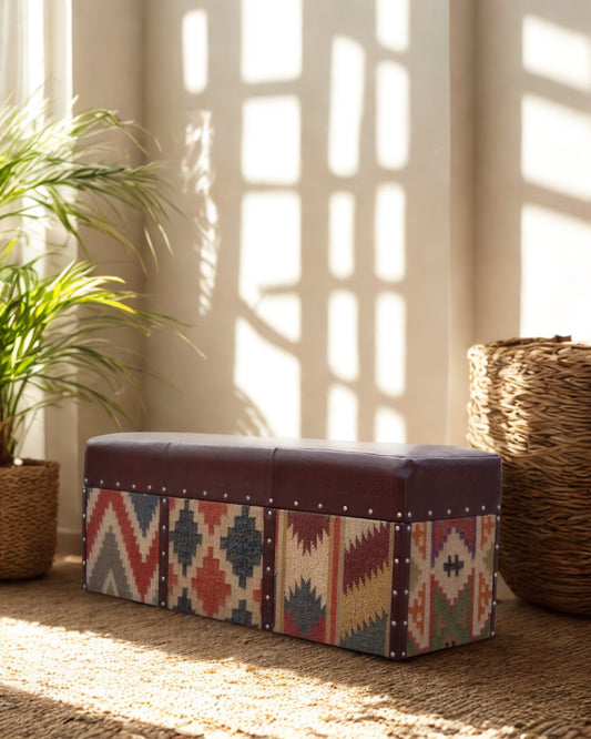 EIFFEL TRUNK OTTOMAN IN KILIM AND LEATHER