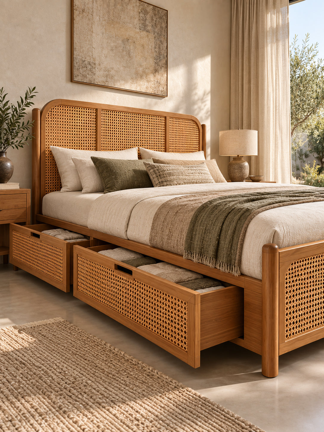 Ziro Rattan Bed with storage in a sunlit bedroom, drawers open to show folded blankets — rattan cane headboard with radiused shoulders and solid wood posts. Art Avenue, made to order.