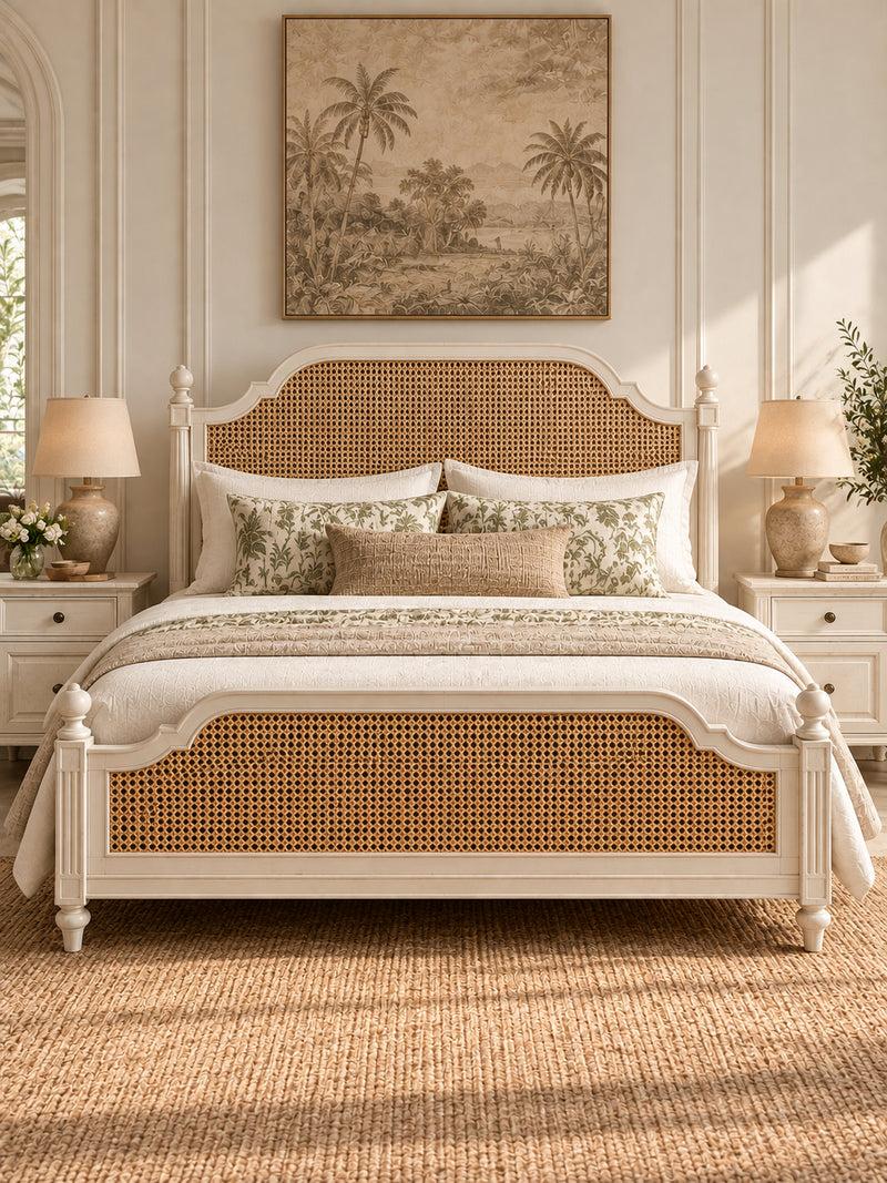 Assagao Rattan Storage Bed in Antique Ivory, front view — arched moulded headboard and footboard with hand-woven rattan cane, fluted posts and turned ball finials. Art Avenue, made to order.