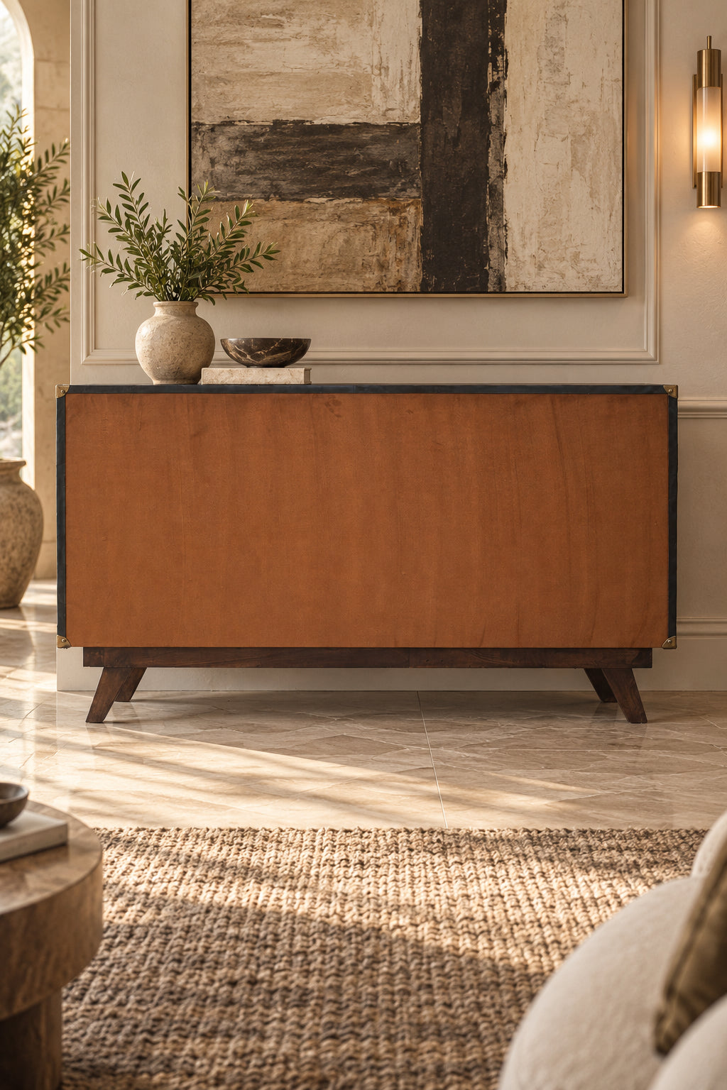Suede-lined back panel of the Sardargarh kilim and leather sideboard, finished so the piece can stand free of a wall, Art Avenue made-to-order storage
