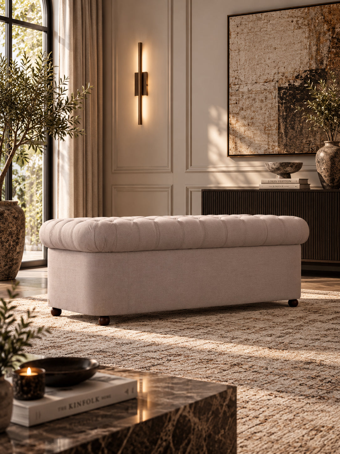 Hampstead fabric Chesterfield sofa in Pebble linen from behind, plain outside back beneath a deep-buttoned top roll — Art Avenue, made to order