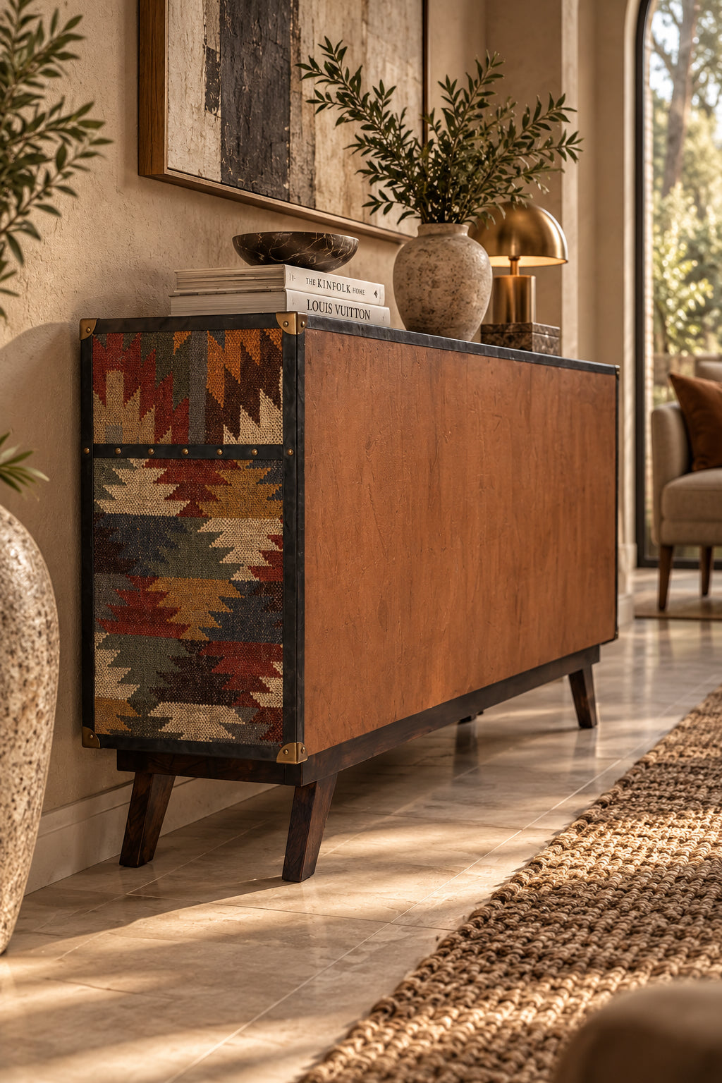 Rear three-quarter of the Sardargarh kilim and leather sideboard showing the suede-lined back and splayed solid wood legs, Art Avenue made-to-order storage
