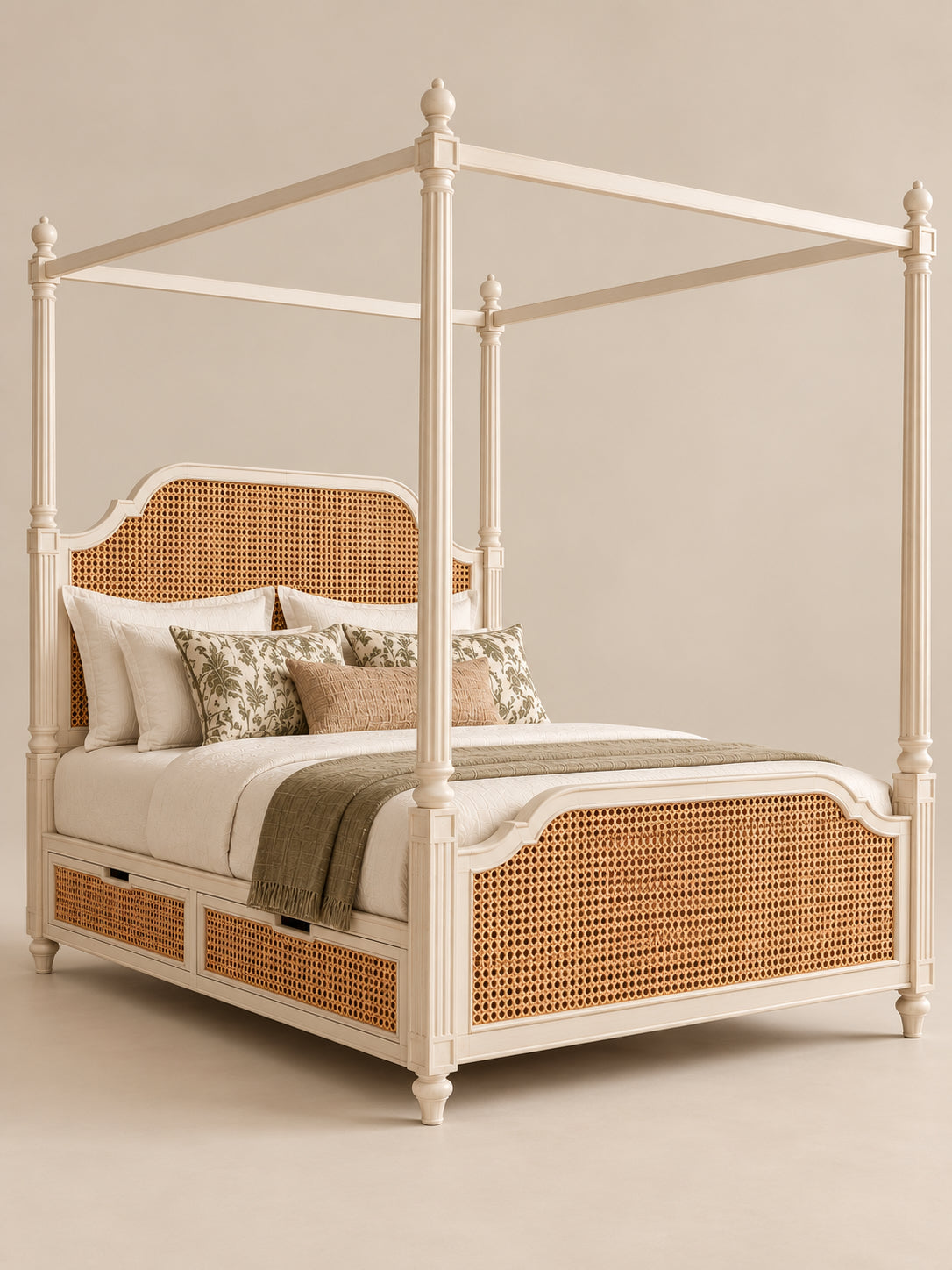 Coonoor Cane Four-Poster Bed with optional under-bed storage, two cane-fronted drawers closed beneath the side rail — Art Avenue, made to order