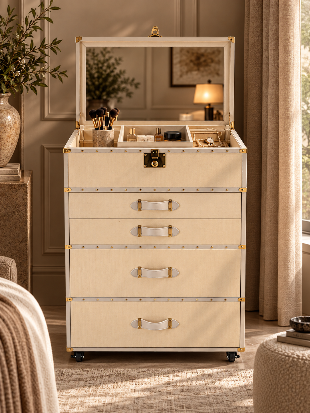 Front view of the vanity chest with the lid open, bevelled mirror and removable tray for perfume and brushes