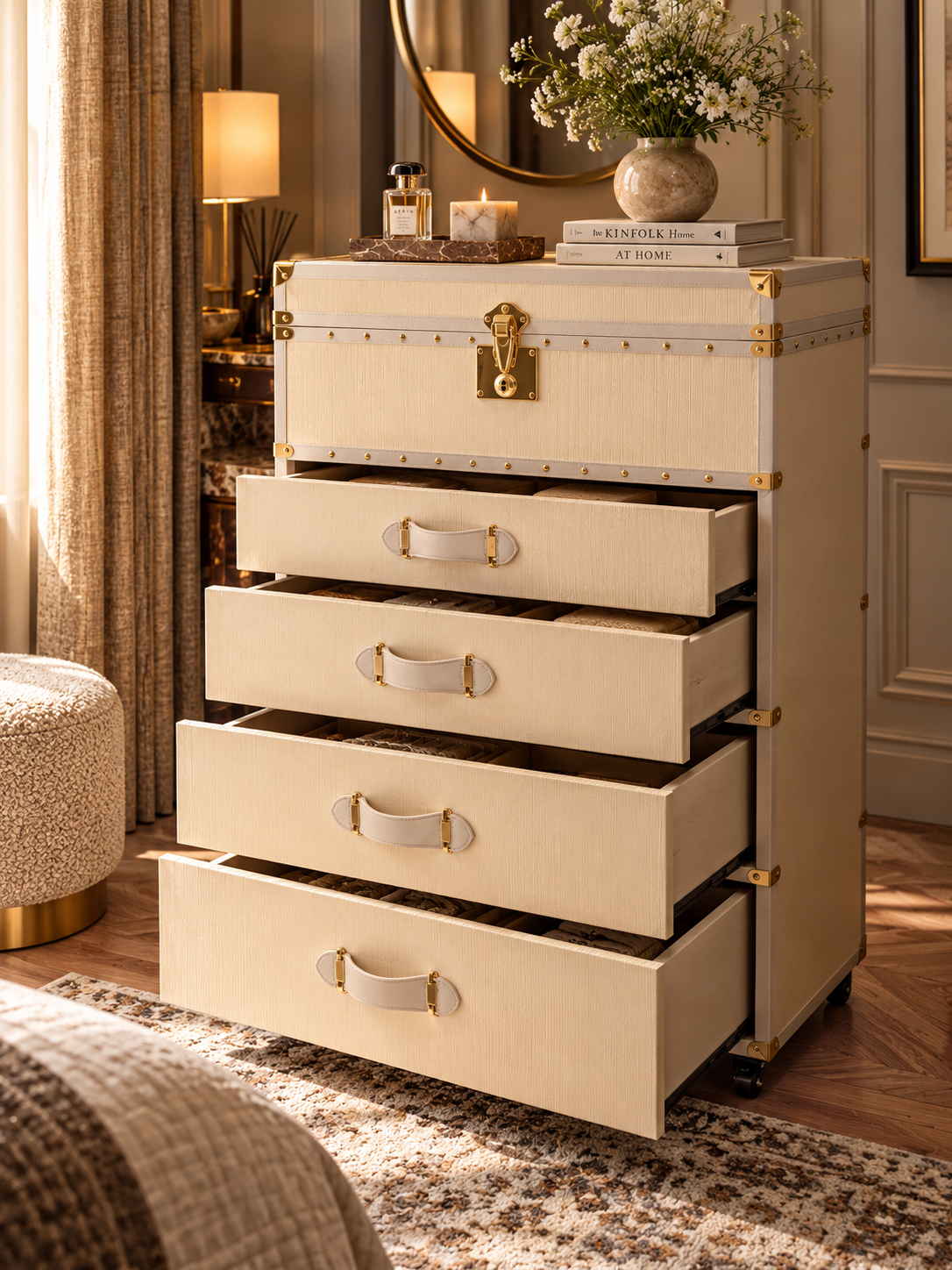 All four drawers open on the ivory canvas trunk chest, showing lined interiors for folded clothing