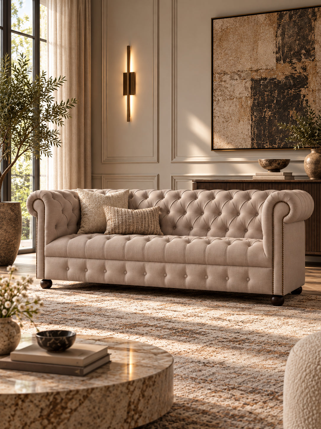 Hampstead fabric Chesterfield sofa in Pebble linen seen along its full length, arms level with the back on turned wood bun feet — Art Avenue, made to order