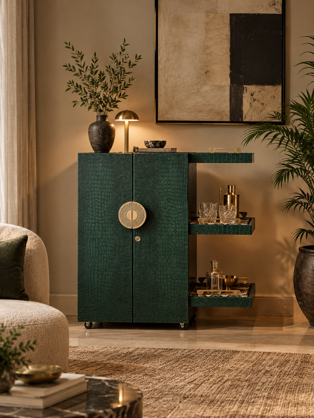 Panjim Leather Rolling Bar Cabinet in Bottle Green croc-embossed leather with round brass medallion pull and serving trays set with glassware, styled in a living room — Art Avenue, made to order