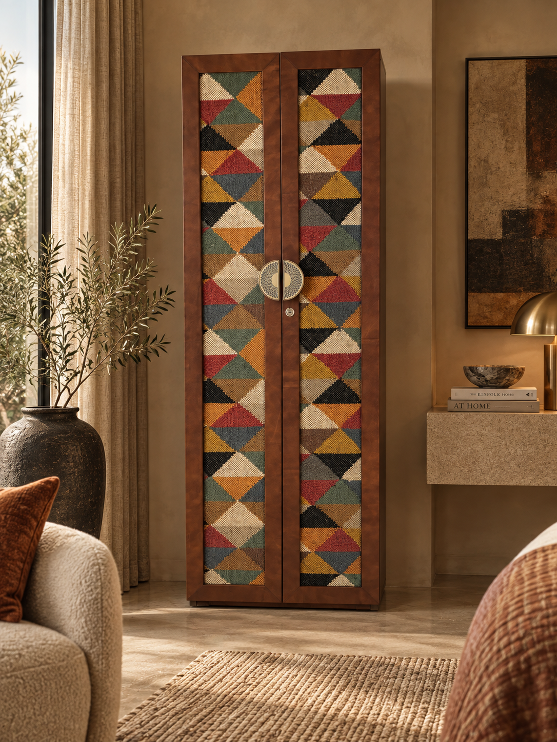 Chanderi Kilim & Leather Wardrobe by Art Avenue — front view in a styled bedroom, triangle-pattern kilim doors in a tan leather frame. Handmade to order.