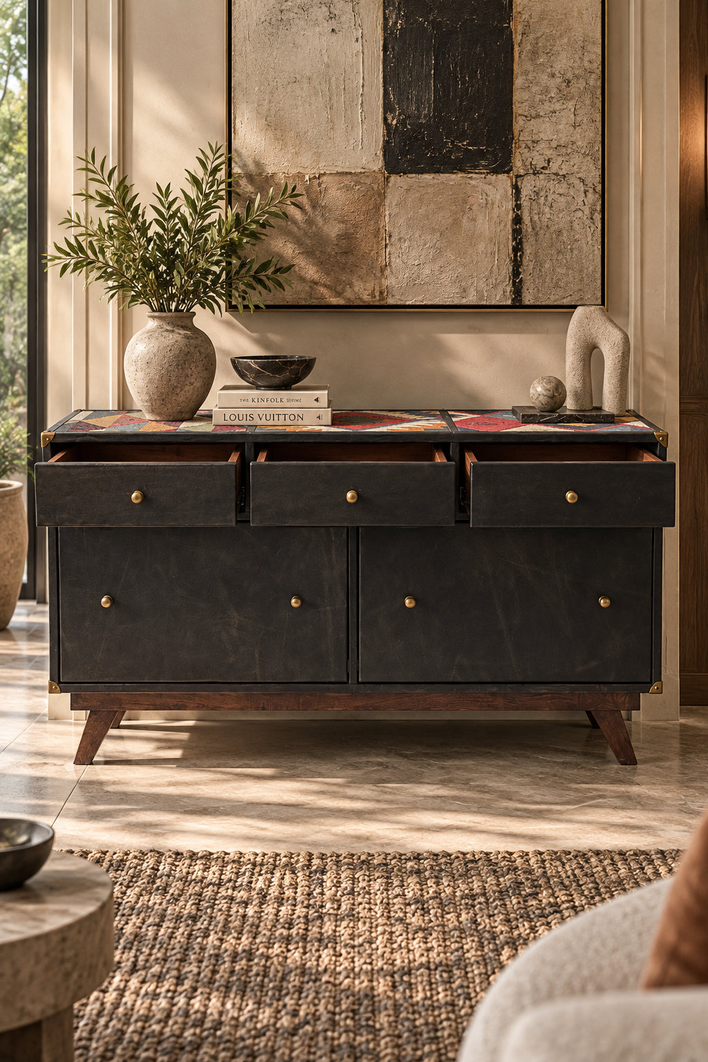 Vintage kilim inset into the top of the Sardargarh leather sideboard with the three upper drawers open, Art Avenue made-to-order storage