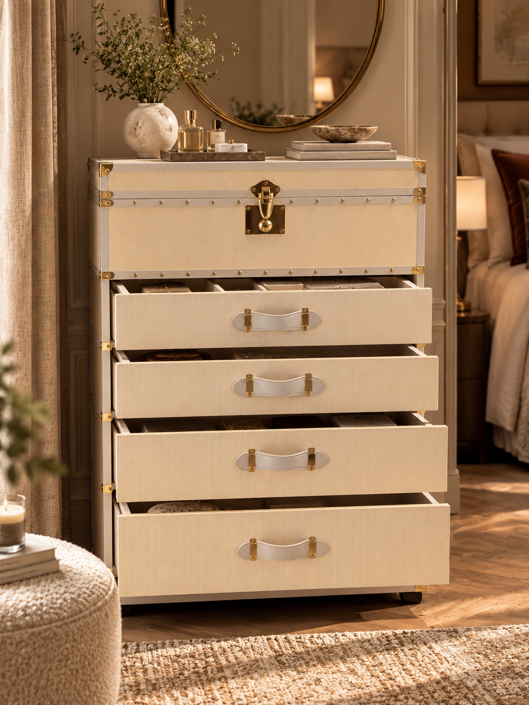 Four drawers extended, showing full-width storage below the fitted top compartment