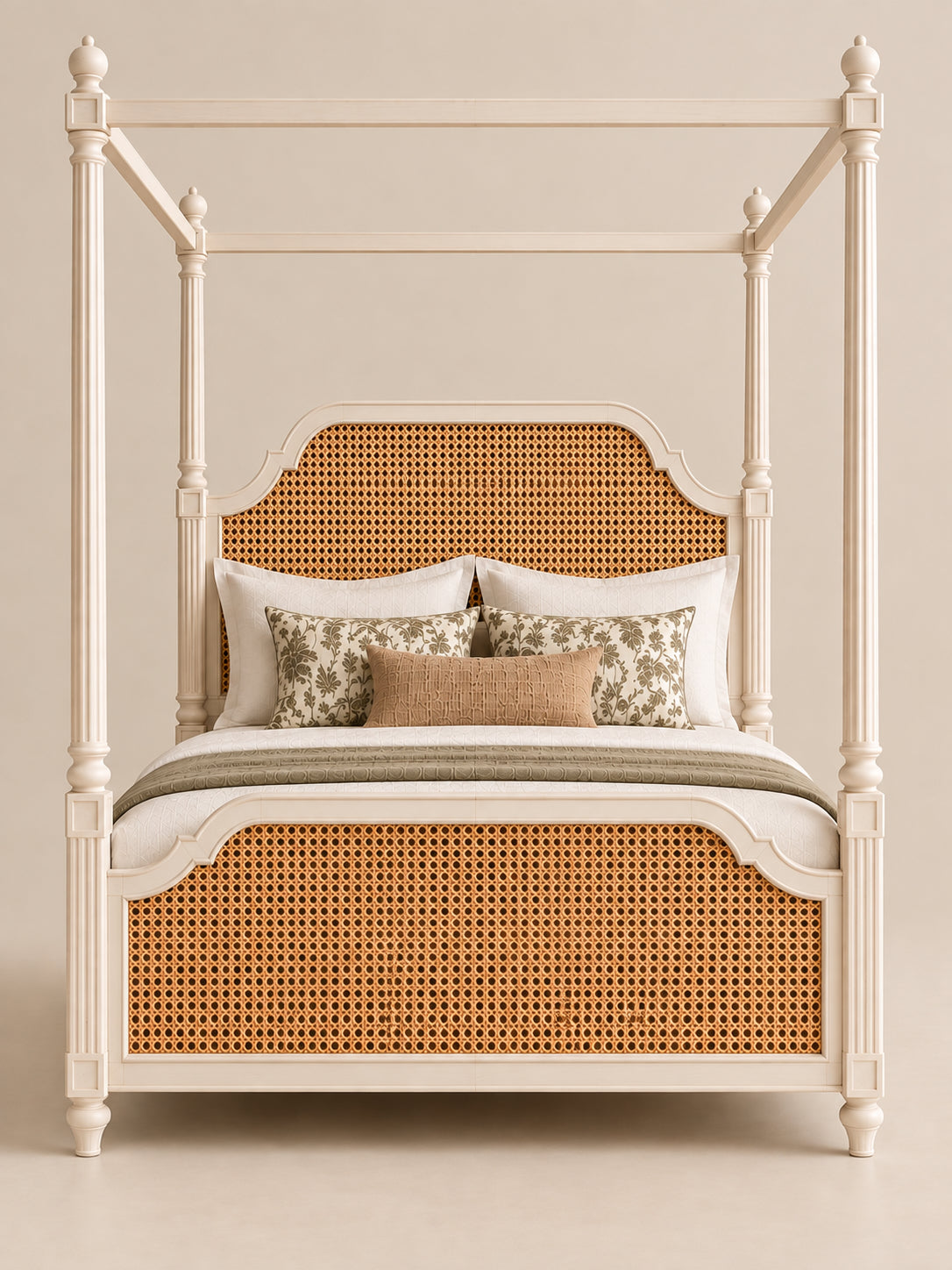 Coonoor Cane Four-Poster Bed front view on a plain backdrop showing the arched cane headboard and footboard, turned feet and urn finials — Art Avenue, made to order