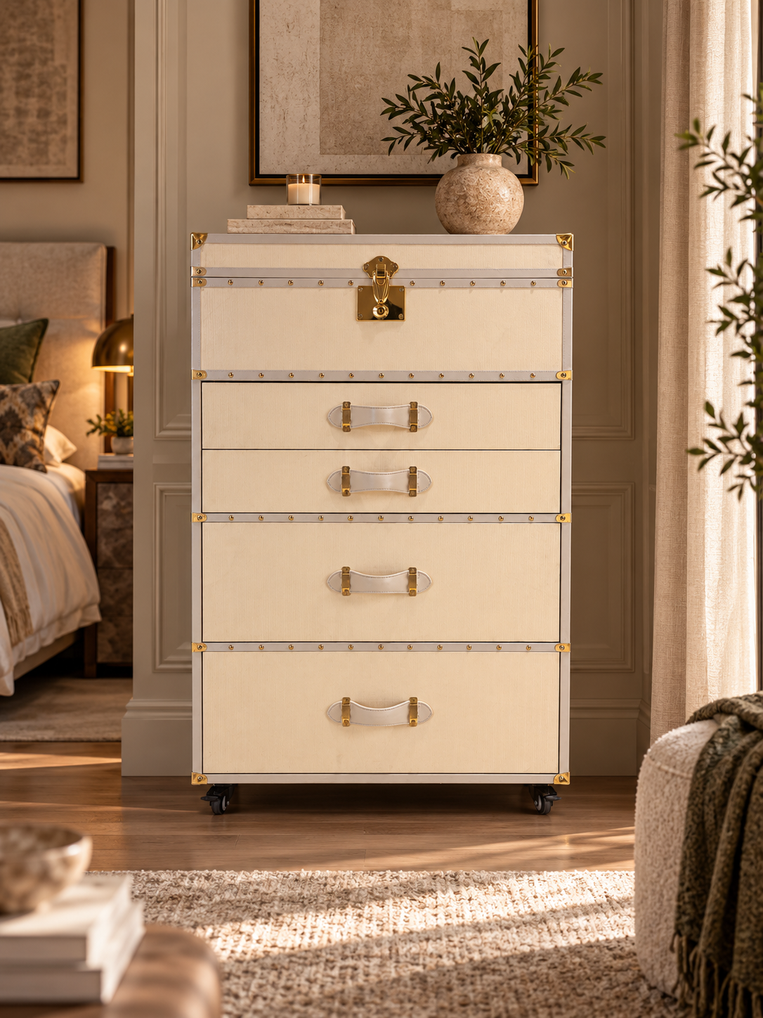 Ivory canvas vanity trunk chest closed, with brass corner caps, studded bound edges and curved strap drawer pulls