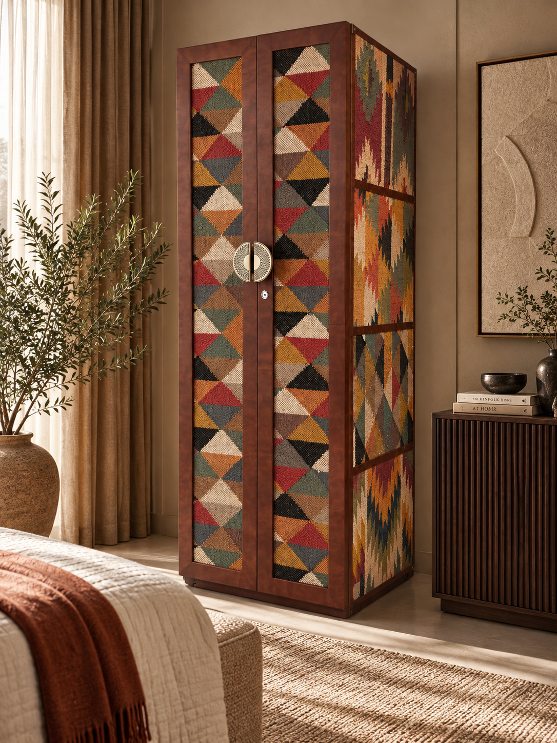 Chanderi Kilim & Leather Wardrobe by Art Avenue — three-quarter view from the right, showing the kilim flank in four patterned panels divided by leather rails. Handmade to order.