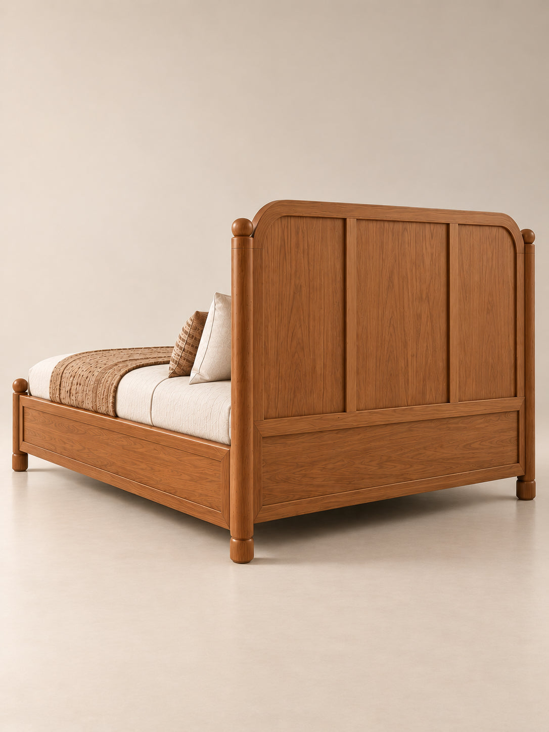 Back of the Dalhousie bed headboard — three tall wooden panels under a curved top rail, finished to stand away from the wall. Art Avenue, made to order.