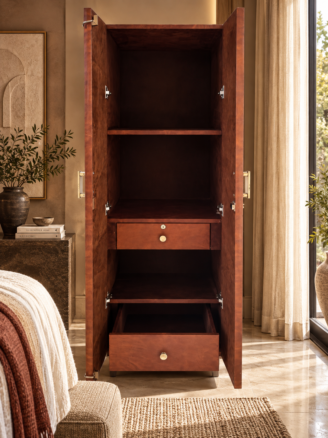 Chanderi Kilim & Leather Wardrobe by Art Avenue — interior with the deep base drawer open on its runners and brass knobs on both drawers. Handmade to order.