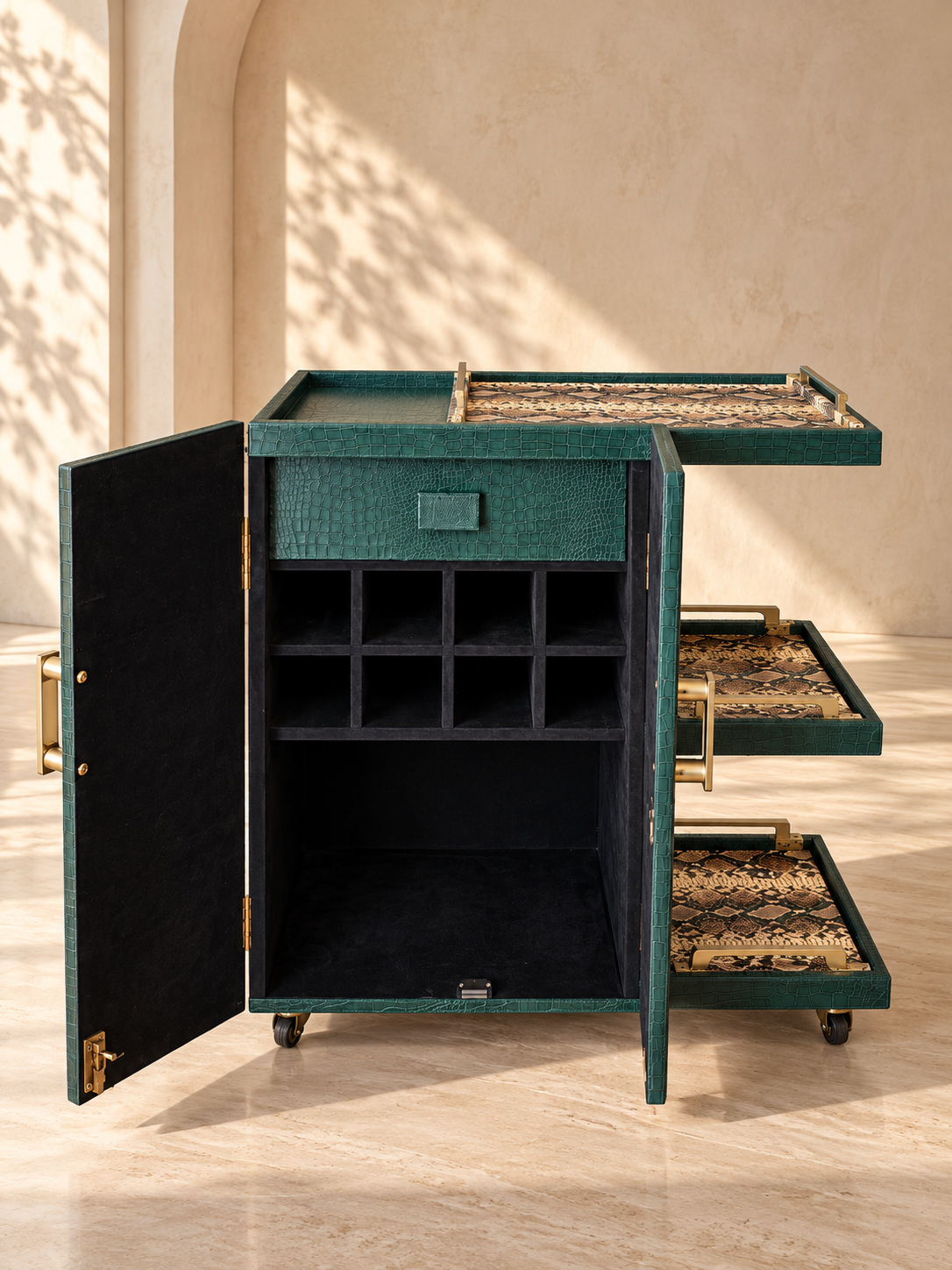 Panjim Leather Rolling Bar Cabinet with doors open: black suede lining, leather-fronted top drawer, eight-bottle grid and open lower compartment — Art Avenue, made to order