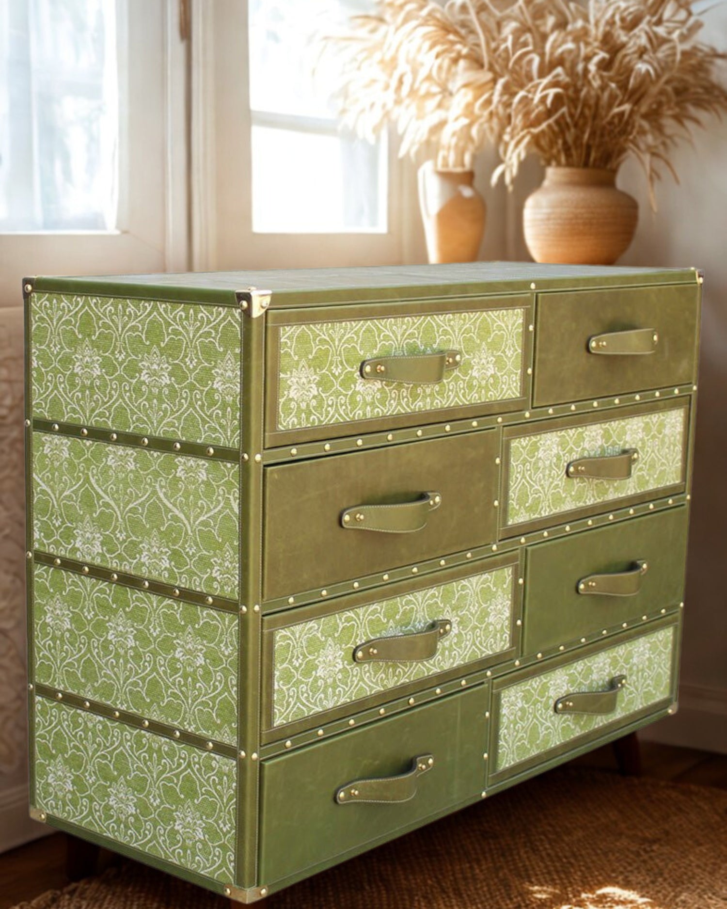 GREENFIELD CHEST OF DRAWERS - LEATHER AND PRINTED COTTON