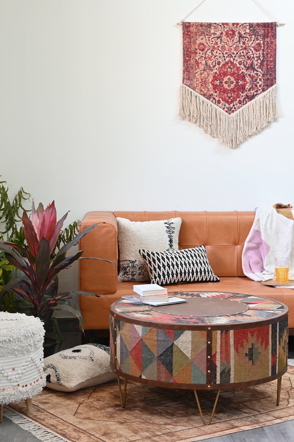 Goround round coffee table in kilim and leather by Art Avenue — image 1 of 11