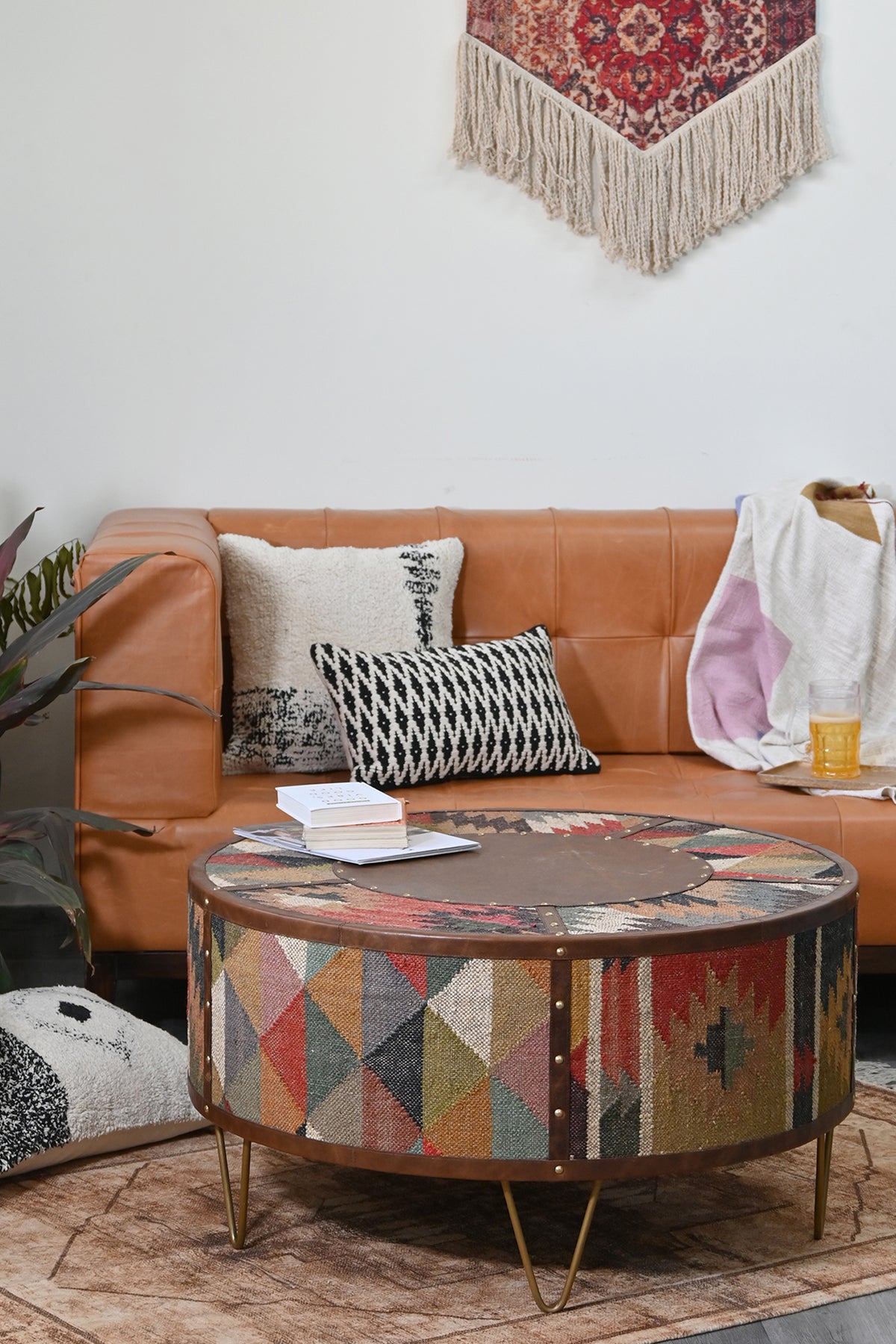 Goround round coffee table in kilim and leather by Art Avenue — image 2 of 11
