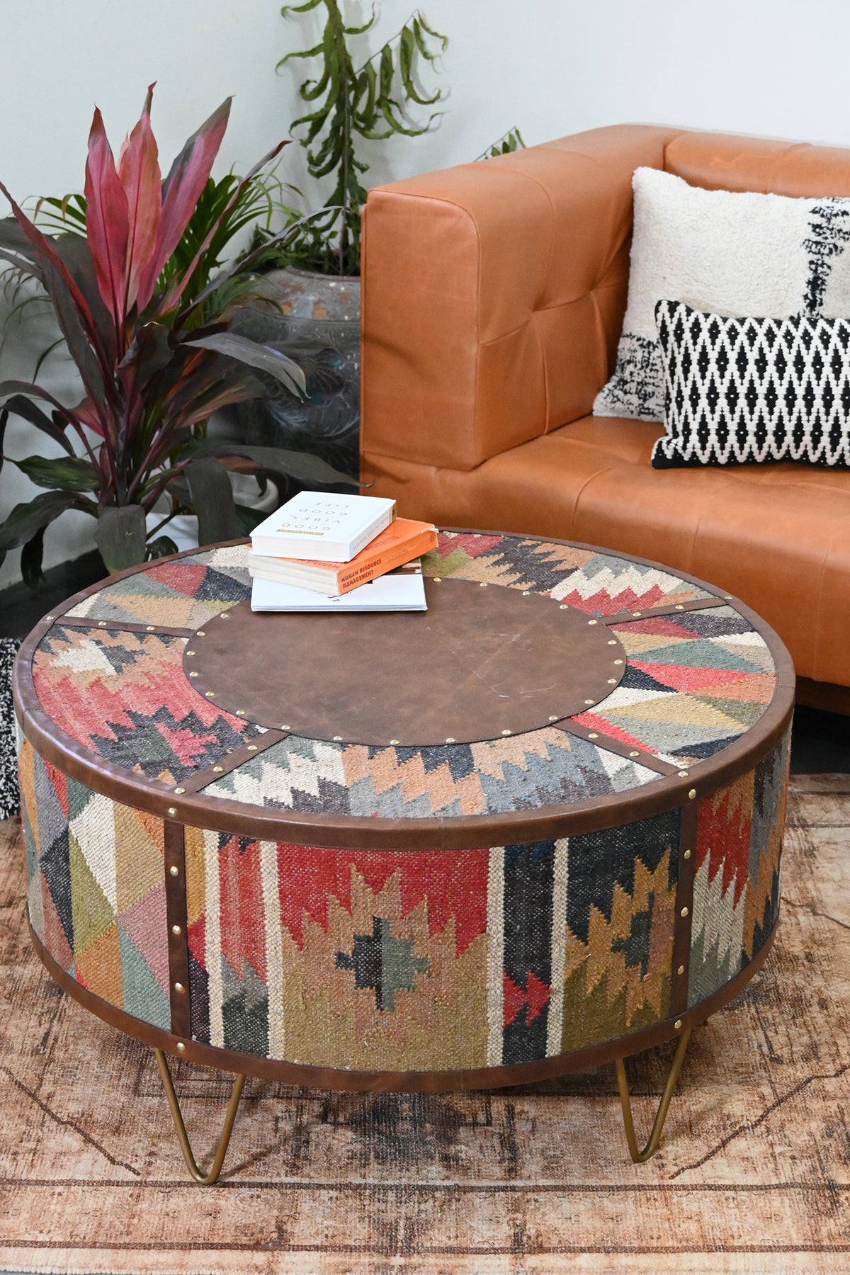 Goround round coffee table in kilim and leather by Art Avenue — image 3 of 11