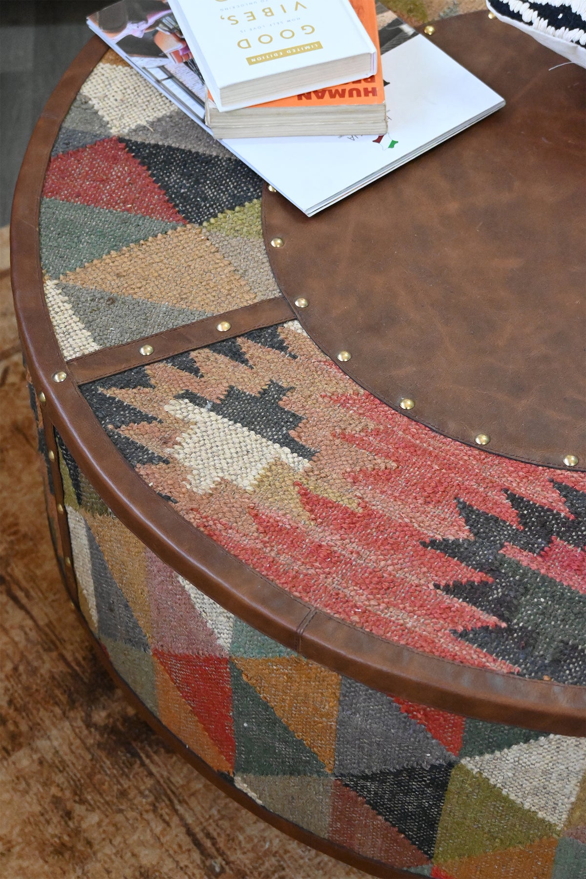 Goround round coffee table in kilim and leather by Art Avenue — image 4 of 11