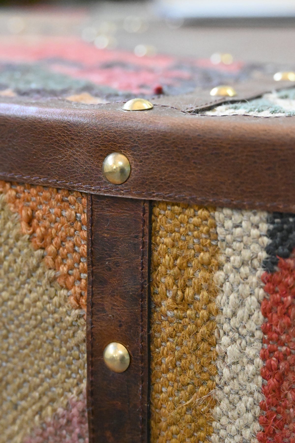 Goround round coffee table in kilim and leather by Art Avenue — image 5 of 11