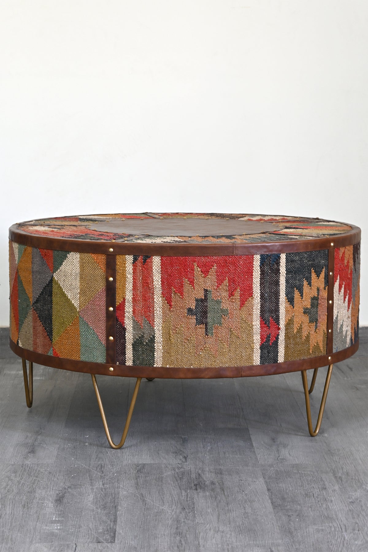 Goround round coffee table in kilim and leather by Art Avenue — image 7 of 11