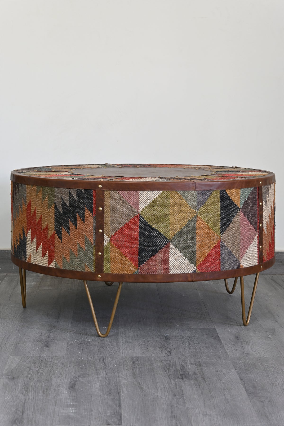 Goround round coffee table in kilim and leather by Art Avenue — image 8 of 11