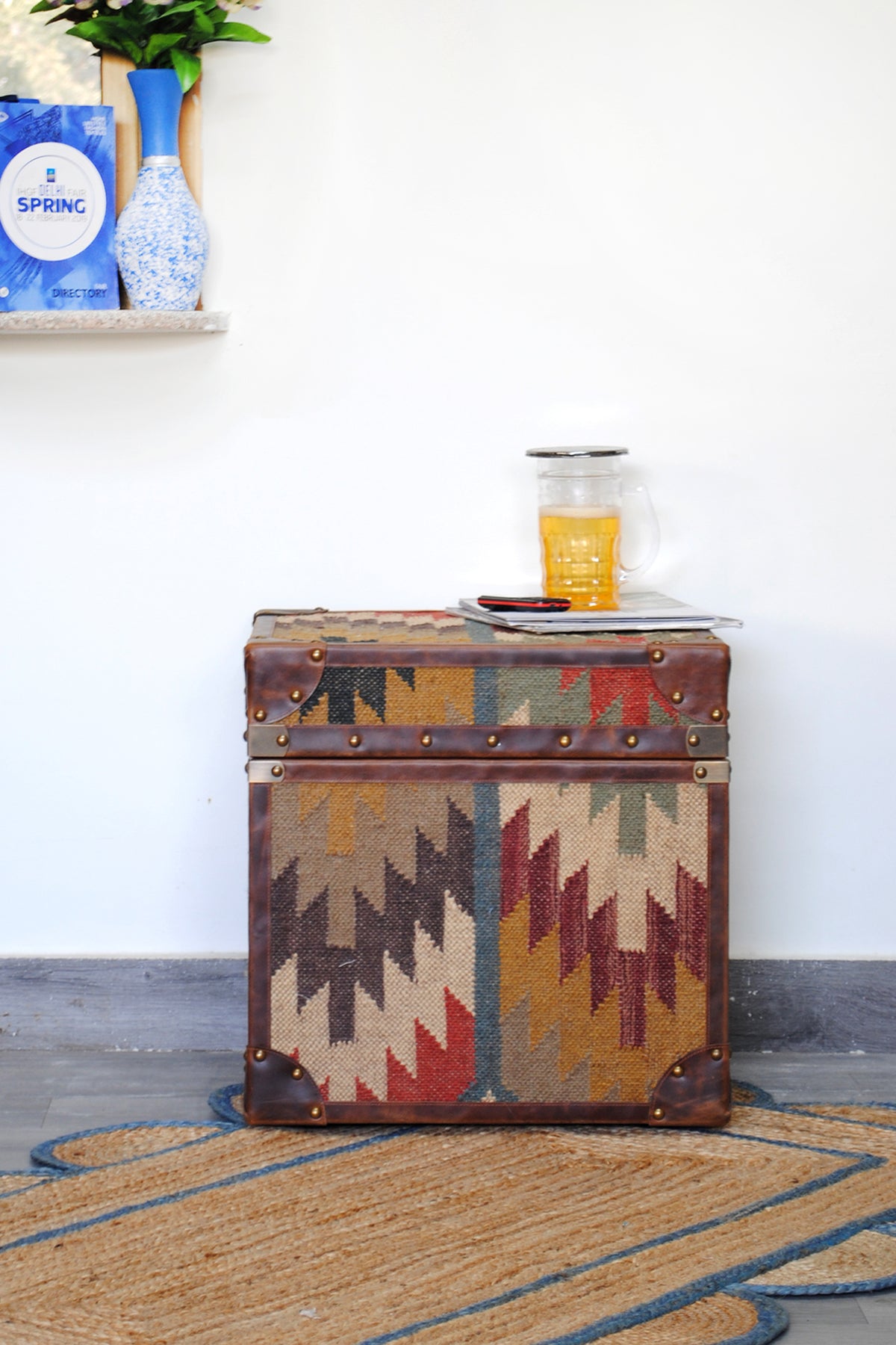 Amer kilim-top trunk by Art Avenue, handwoven kilim and leather — image 1 of 12